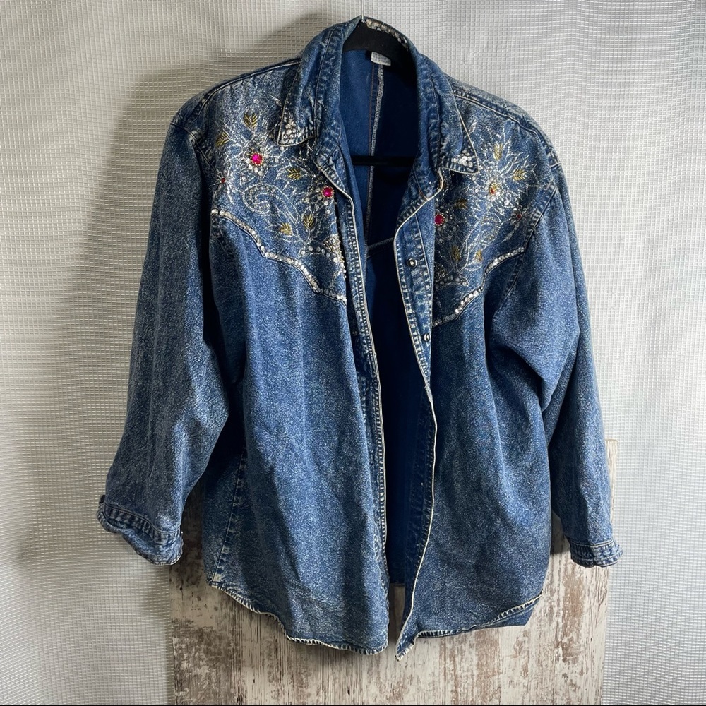 Vintage Pretty Bleu 80s acid wash Jean blazer with embellishments Size Medium